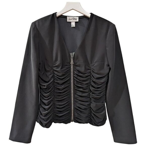 Joseph Ribkoff Veston Ruffled Jewel Encrusted Zip Up Black Jacket Women's Size 8 - Picture 1 of 10